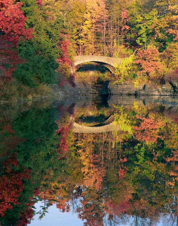 Sackett bridge and reflection with autumn foliage in Beebe Lake, Cornell Botanical Gardens